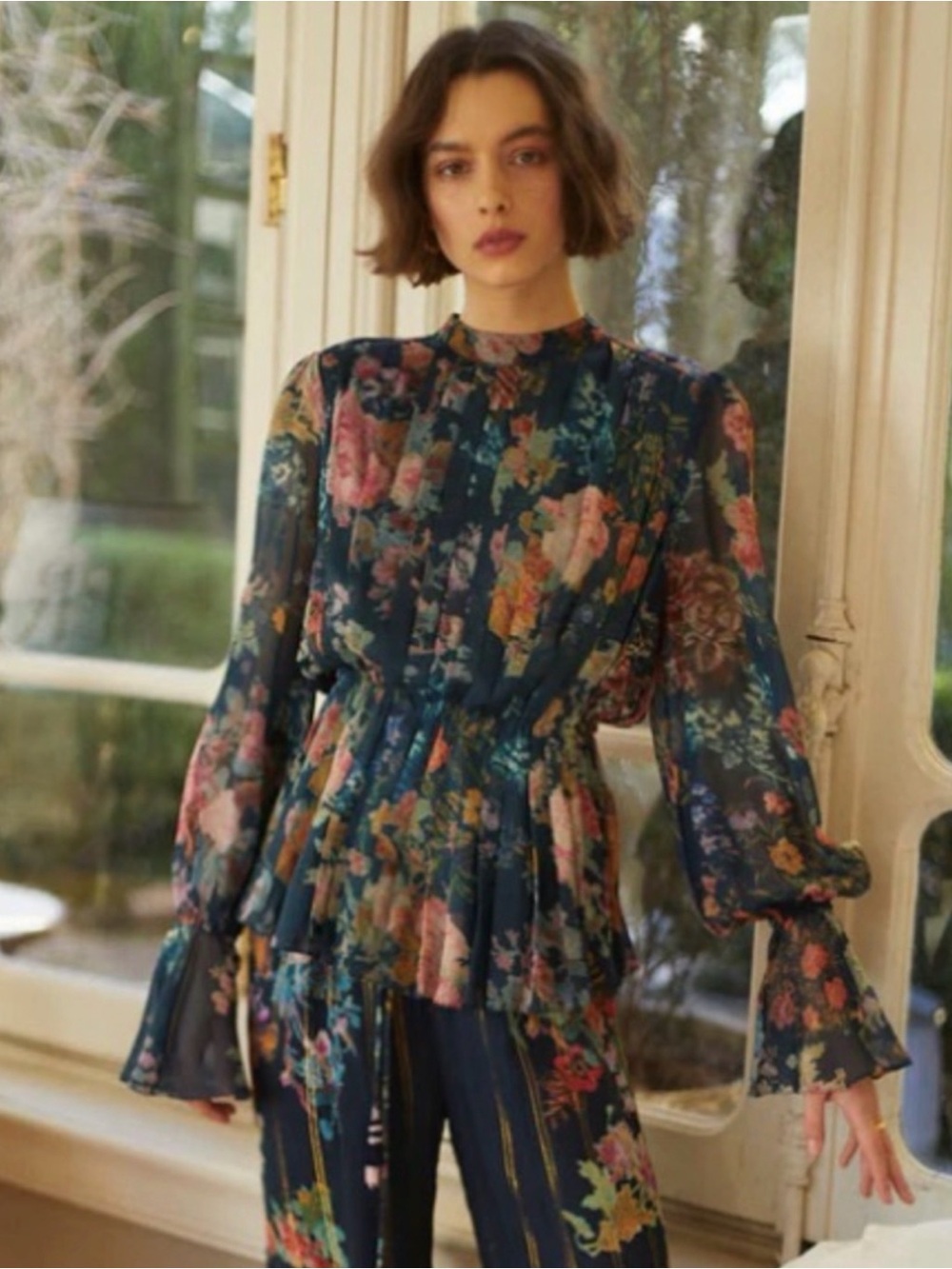 $400 HEMANT & NANDITA Teal Striped Floral-Accent Blouse XS